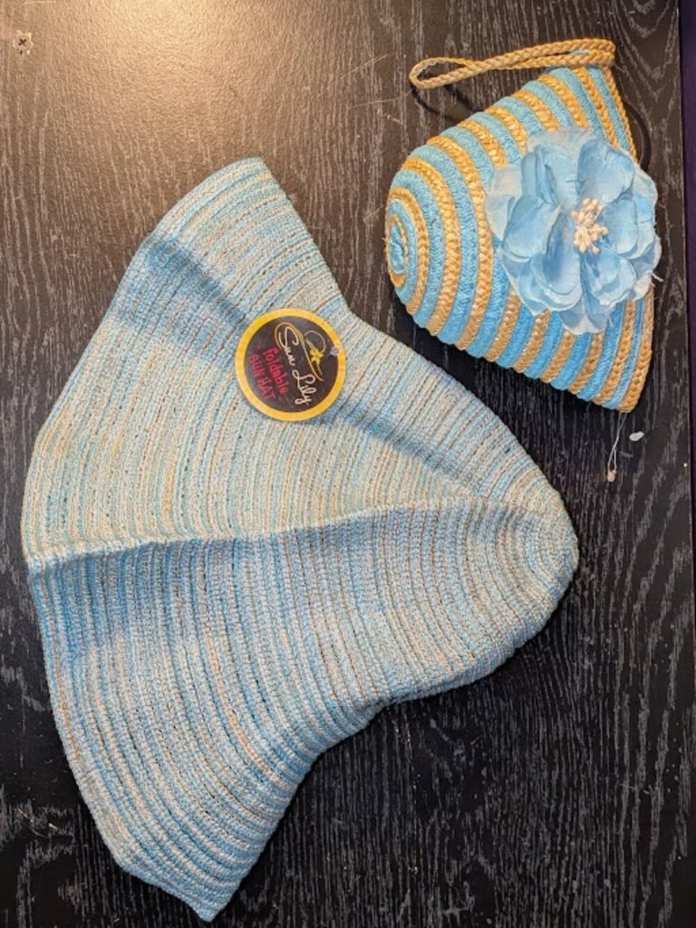 Striped Turquoise Sun Hat for Women - Lightweight Beach Hat with pouch